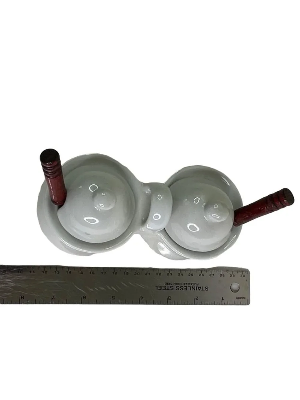 Vintage Houston Harvest White Ceramic Double Condiment Server Set Wood Spoons
